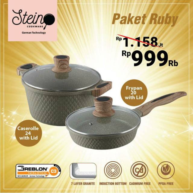 Steincookware stein diamond granite caserolle panci tutup kaca kompor induksi gas greblon RUBY SAFIR