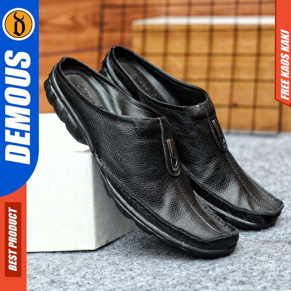 Sepatu Sandal Pria Kulit Asli Sendal Bustong Slop Hitam DEMOUS BUTENG