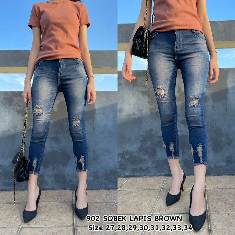 MDLV ~ Celana Jeans Wanita 7/9 Celana Jeans 902 Sobek Lavis Brown Women Jeans Pants Celana Jeans Sobek Wanita Good Quality Fashion Wanita