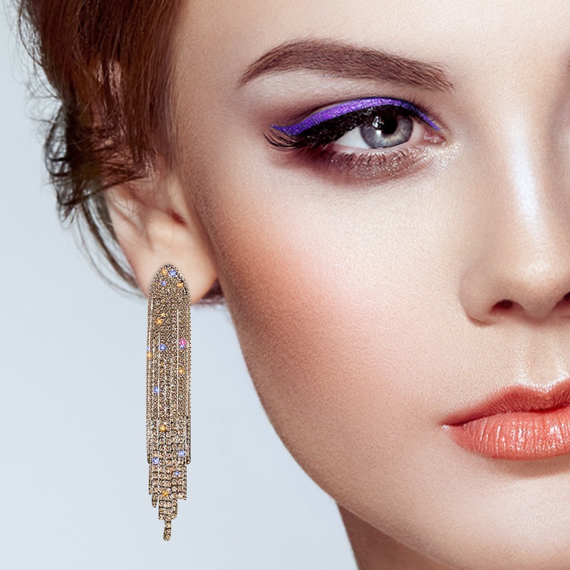 Fancyqube Anting Rumbai Panjang Bentuk Segitiga Geometris Aksen Kristal Berlian Imitasi Untuk Wanita