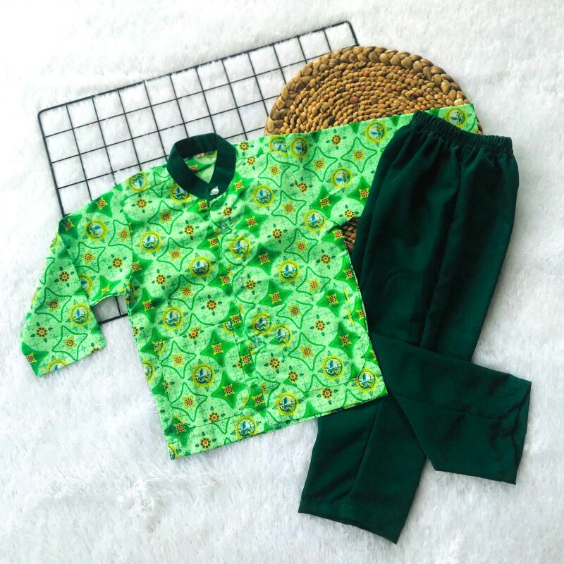 Setelan Baju Koko Anak Madrasah TPQ Usia 3-12 Tahun Baju Batik Hijau