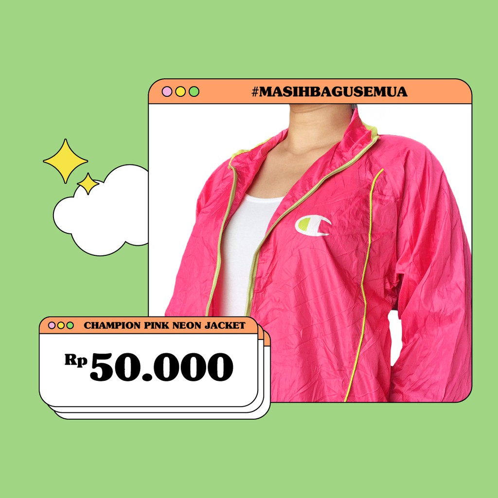 Champion Pink Neon Jacket Jaket Olahraga Merah Muda Remaja Thrift