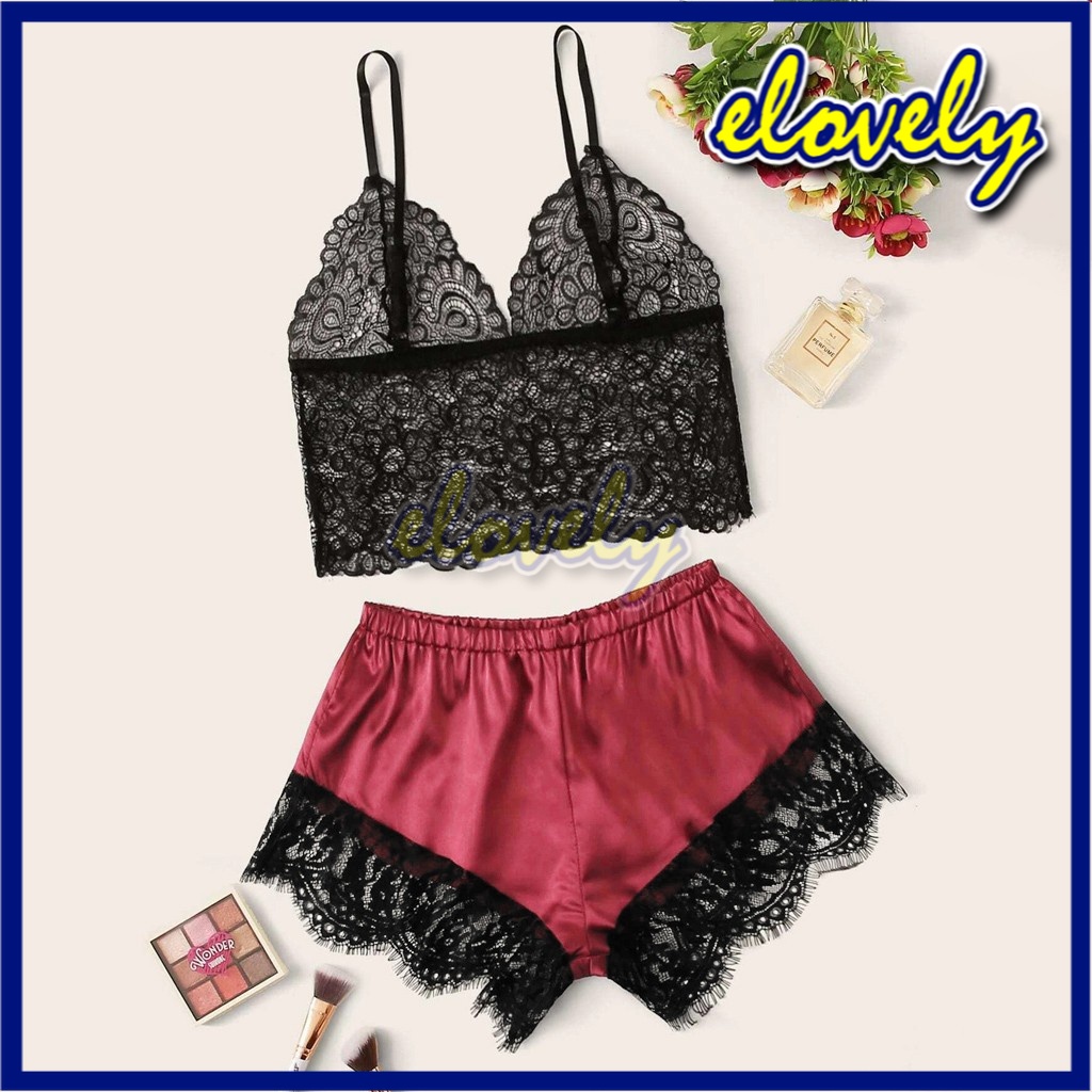 Elovely Lingerie Sexy Hot Pakaian Dalam Wanita Set Lingerie Celana Renda Seksi + Tank Top Set Baju Tidur Malam | L021-black red