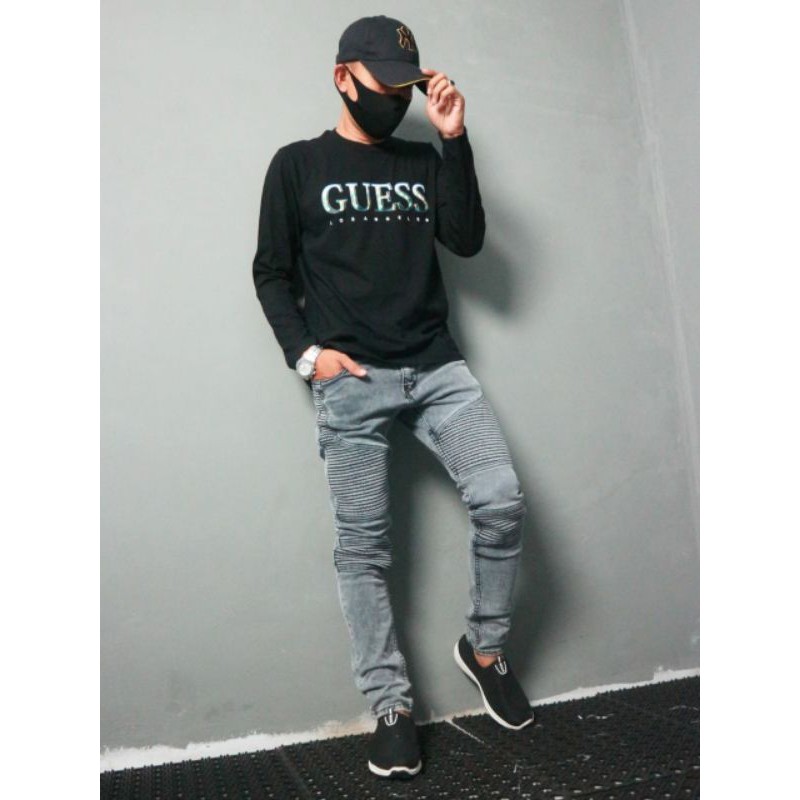 BAJU KAOS PRIA COWOK MOTIF TERBARU LENGAN PANJANG GUESS WHITE BLACK