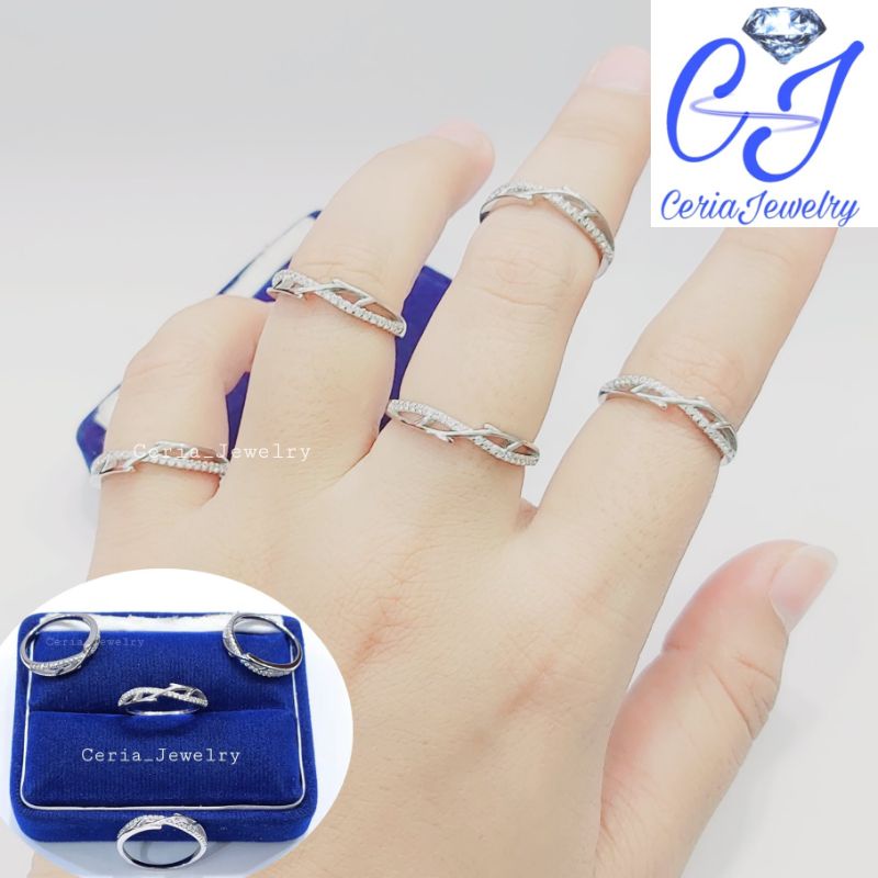 Cincin Perak Asli Silver 925 Lapis Emas Putih Model Gelombang Permata 1 Baris + Batang Polos - Perhi