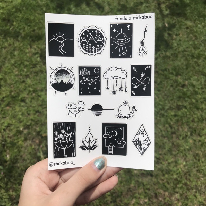 

Frieda x Stickaboo Sticker Sheet Series — monochrome black and white aesthetic journal planner notes