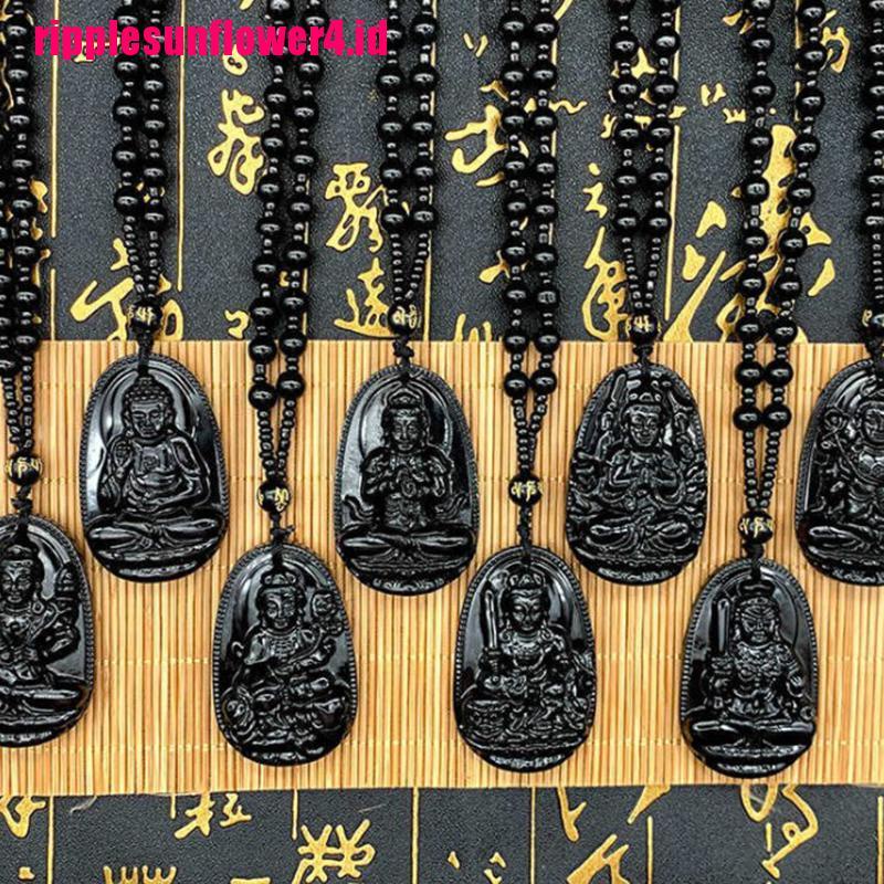 1pc Kalung Liontin Batu Obsidian Alami Ukiran Budha