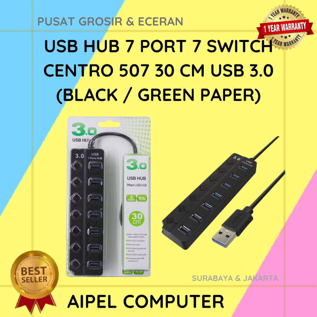 507 | USB HUB 7 PORT 7 SWITCH CENTROO 507 30 CM USB 3.0 (BLACK / GREEN PAPER)