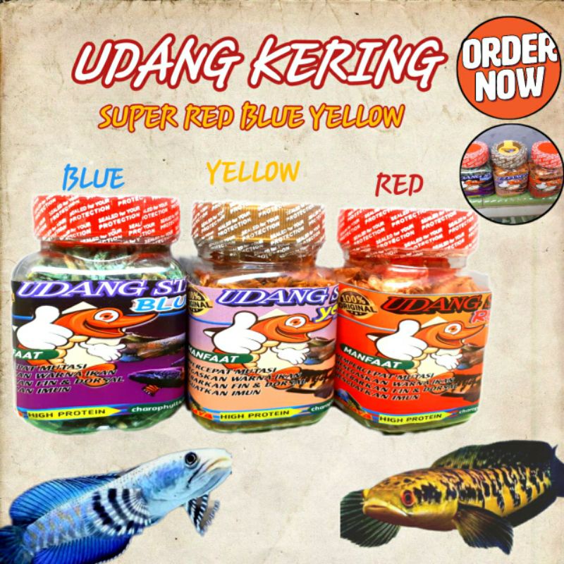 Jual Udang Kering Super Red Blue Yellow Pakan Ikan Kemasan Botol Gram Pakan Ikan Channa