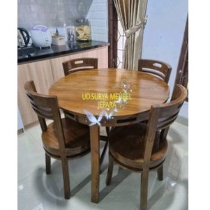 Meja makan minimalis bundar bulat 4 kursi minimalis bahan kayu jati