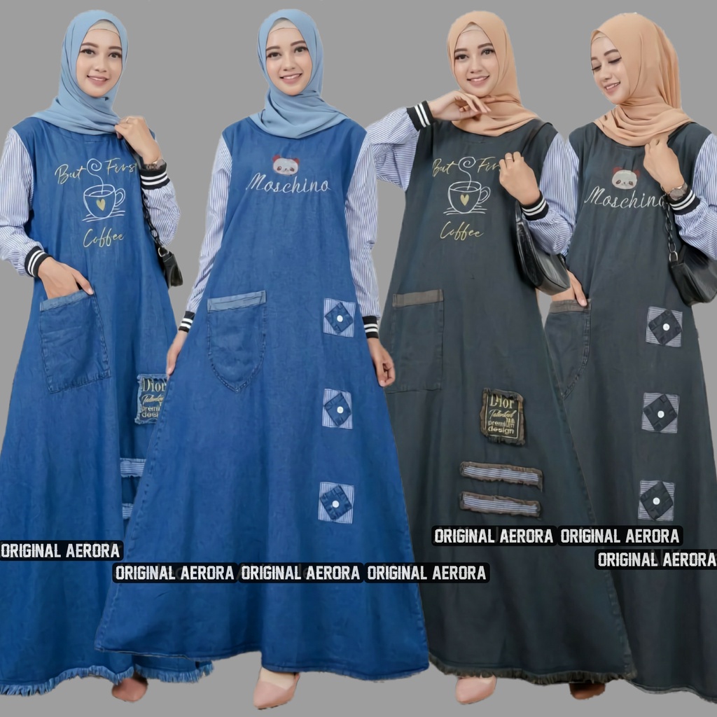 Baju Gamis Dewasa Jeans Jins Denim Wanita Terbaru 2023 Dress Kondangan Modern Busui Bordir Kombinasi Premium Kekinian Ld 105 P 135 Moschino Maxy Allsize