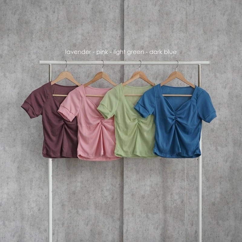 LESYA TOP BAJU ATASAN BLOUSE WANITA BAHAN RIB RAJUT KNIT LENGAN PENDEK V NECK VNECK V-NECK POLOS GREEN LATTE GREY WHITE BLACK FUCHSIA BROWN ARMY BRICK TERRACOTA BATA LAVENDER PURPLE PINK LIGHT GREEN TEA PASTEL GREEN DARK BLUE-8