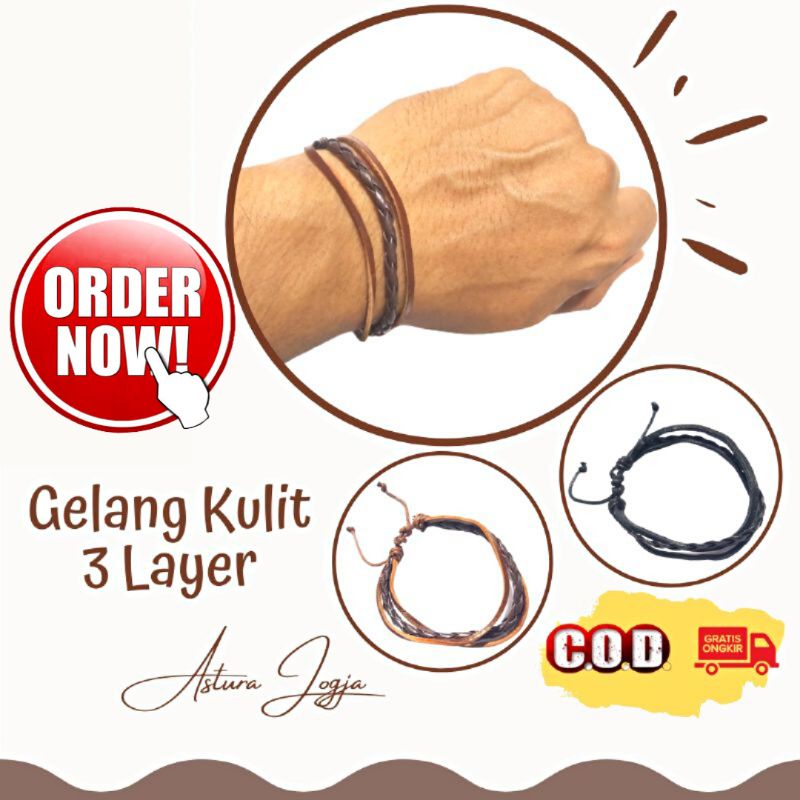 Gelang Jogja Tali Kulit 3 Layer Aksesoris Pria Wanita Gelang Couple Outdoor 3 Rangkap