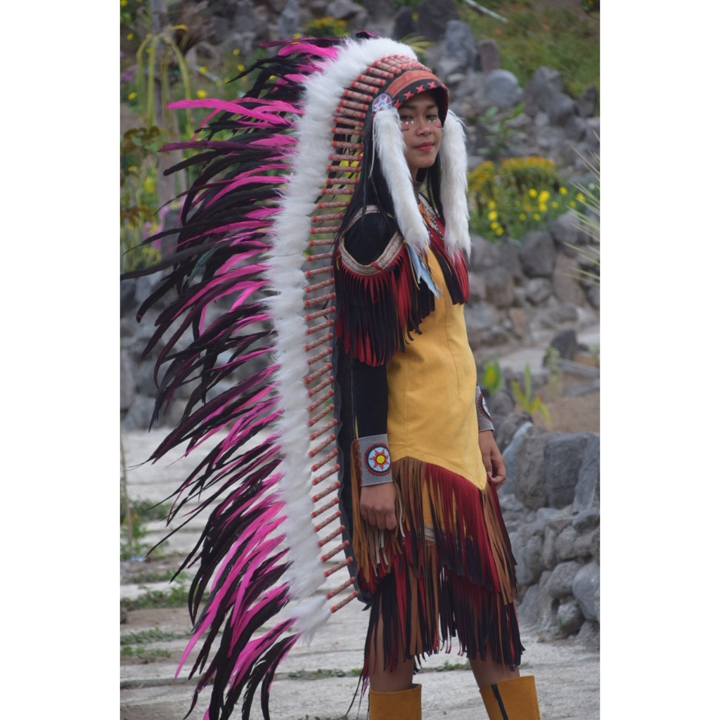 TOPI INDIAN - INDIAN HEADDRESS LONG AYAM BILABONG PINKY FUR PUTIH