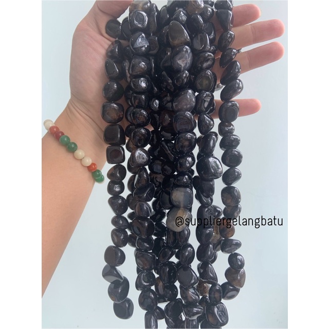 manik Batu alam black agate hitam Beads 14 x 12mm bahan gelang kalung