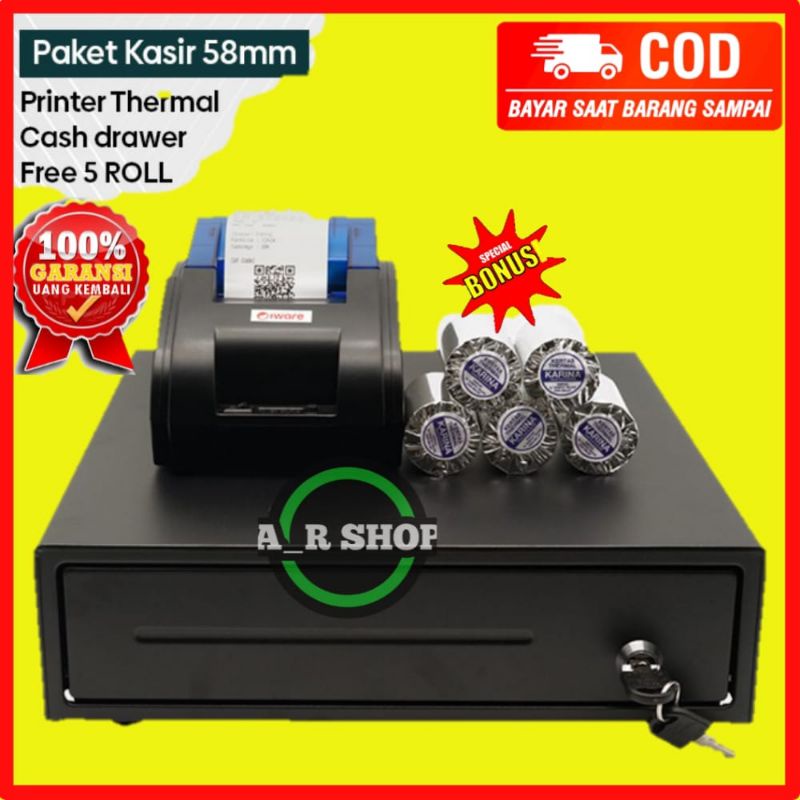 COD Paket Alat Kasir Android Printer Bluetooth Blutut Cash Drawer Laci Kasir Bonus Kertas Struk 58mm