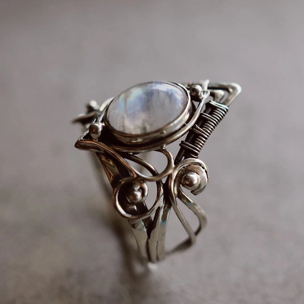 Hu Hu Hu Hu Hu Alat Bantu Pasang Kacamata♡ Cincin Model Hollow Aksen Batu Bulan Warna Silver Gaya Punk Untuk Wanita