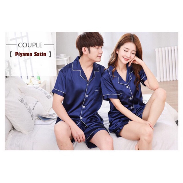 PIYAMA SATIN COUPLE PREMIUM TEBAL HALUS dapat 2 pcs lengan pendek celana pendek ( sepasang 2 pcs )