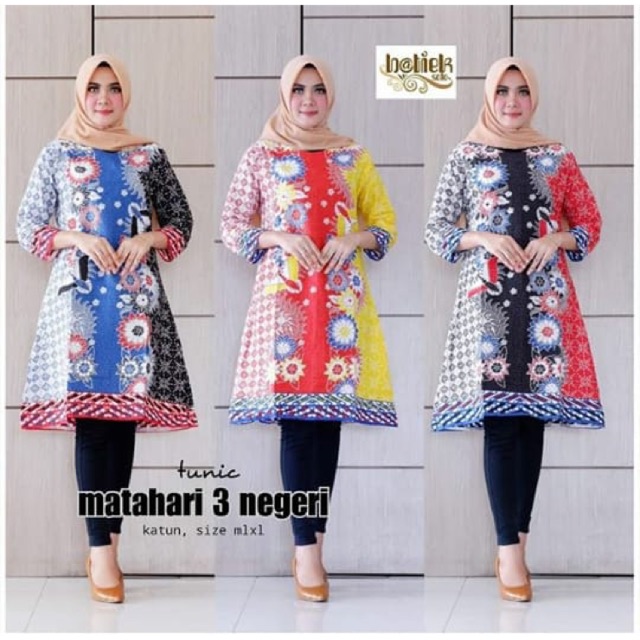 jual tunik warna warni cerah cap kembang mix katun merah kuning hitam biru kekinian millenial cantik
