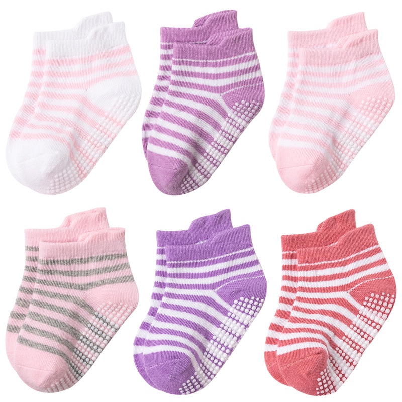 (6 Pasang) Kaos Kaki Anak Anti Slip Polos Garis Import Quality 6in1 Baby Kids Socks Kaus Kaki Anak