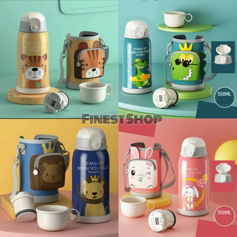 Thermos Stainless Botol Minum Anak Karakter Tahan Panas Dingin Sedotan Tali Panjang Sarung Tas Resleting Water Bottle Cup Drinking