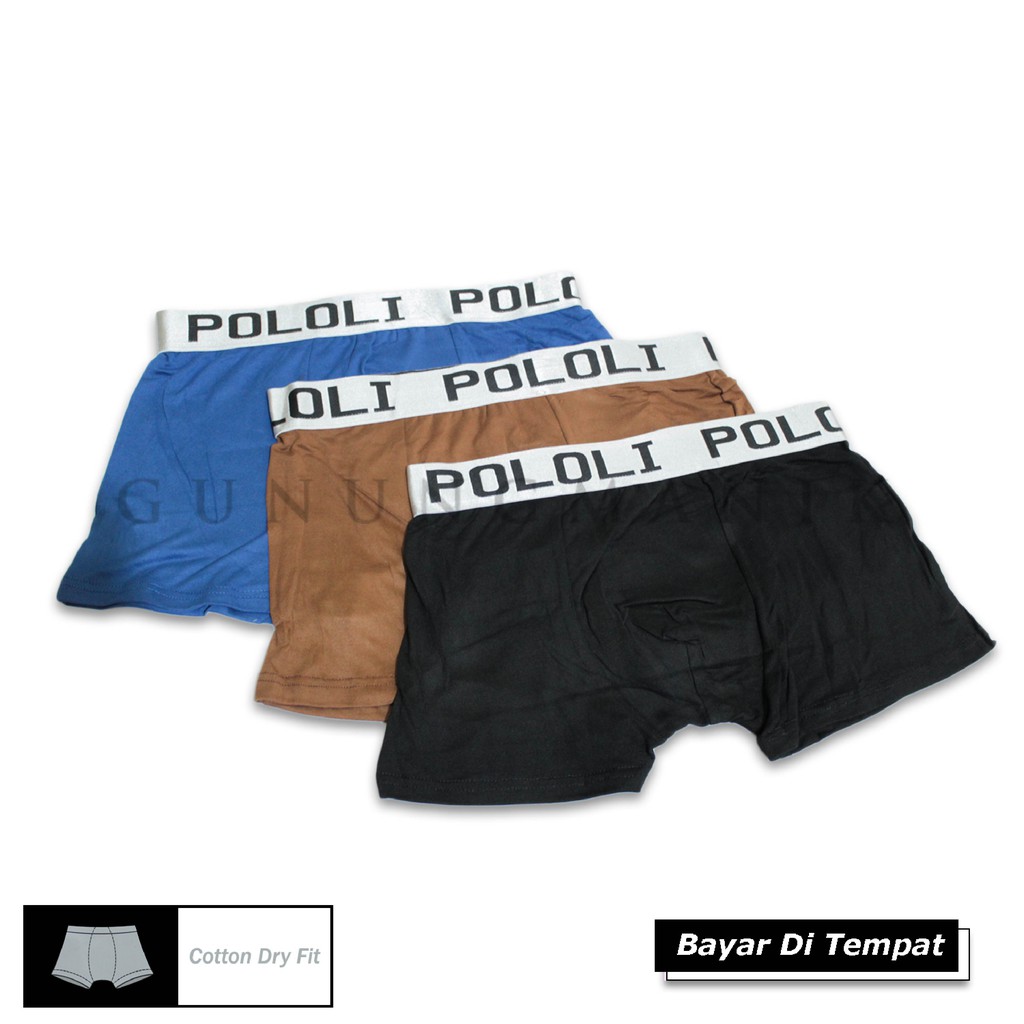 BOXER POOLI 1 BOX ISI 3 PCS CELANA DALAM PRIA DEWASA BAHAN KATUN WARNA RANDOM MOTIF POLOS TERLARIS