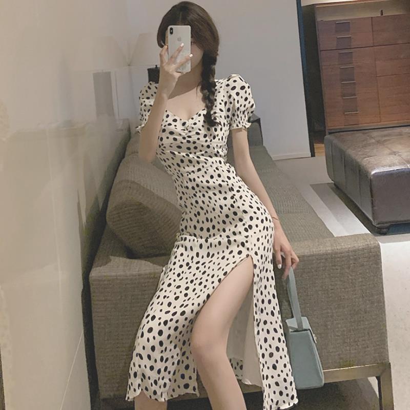 Putih Polka Dot Perancis Retro Gaun Wanita 2022 Musim Panas Square Kerah Pinggang Pelangsing A-line