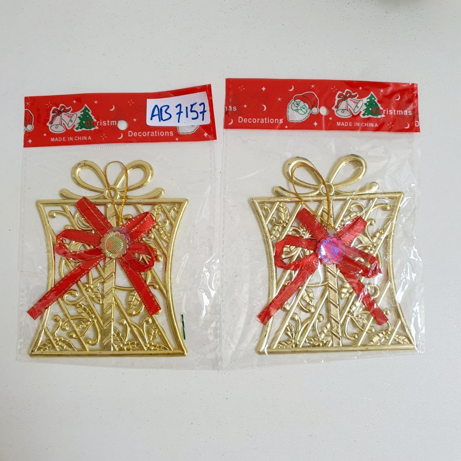 Dekorasi Kado Emas Pita Merah Gantungan Pohon Natal Hiasan Parcel Gold