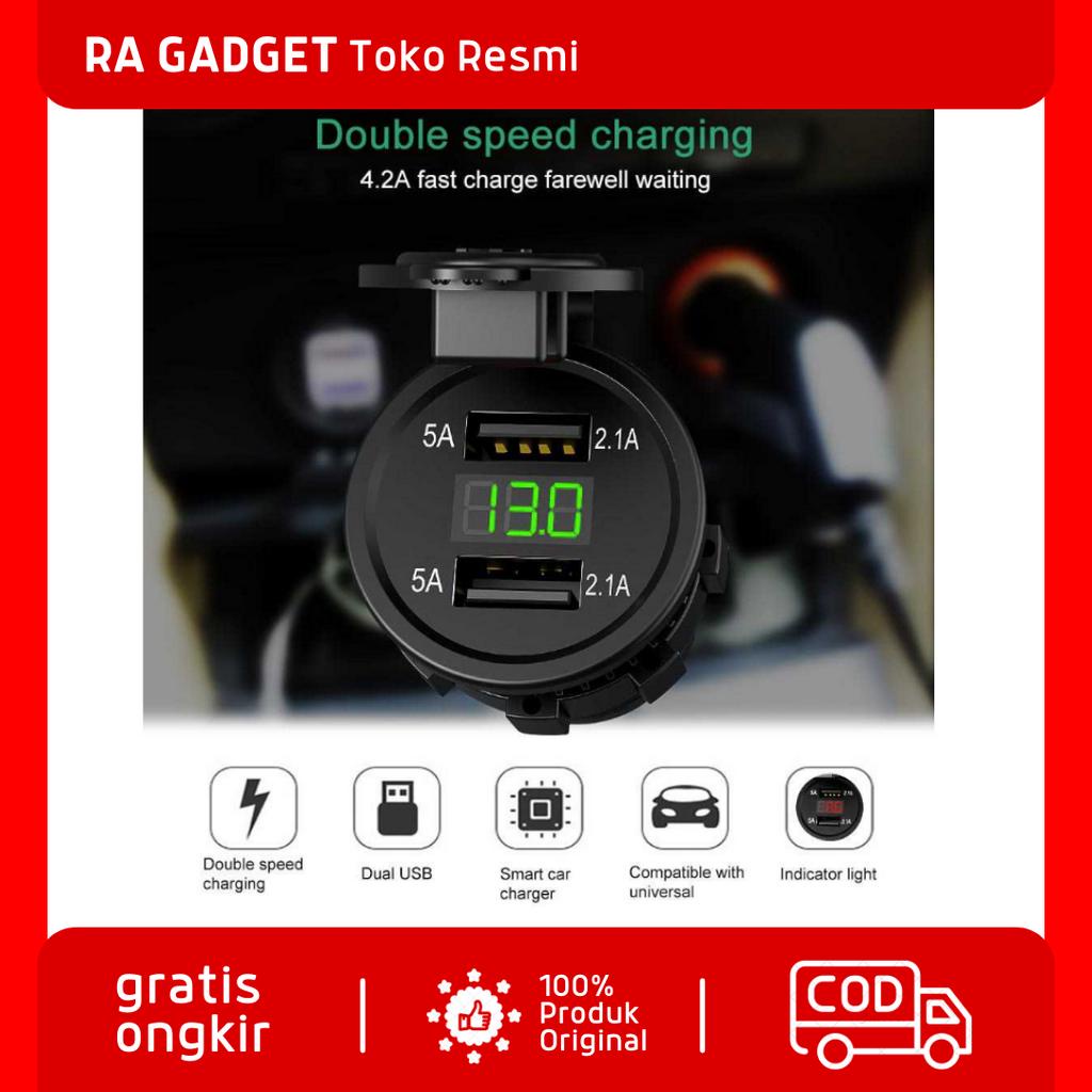 USB Charger Motor 2 Port 4.2A with LED Display Voltmeter Waterproof Fast Charging / Alat Kepala Cas 