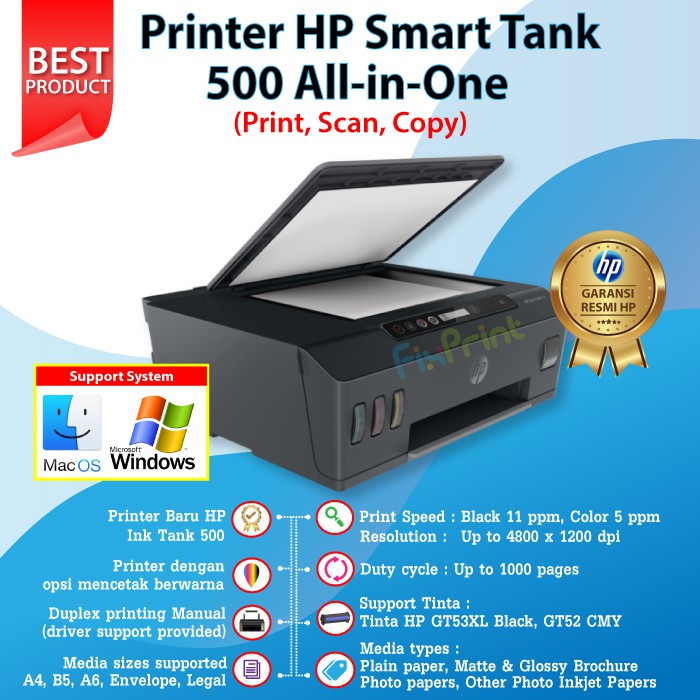 Printer HP Smart Tank 500 Print Scan Copy 4SR29A Tinta HP GT53 GT52