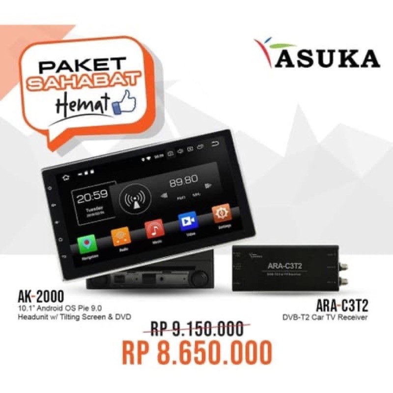 Head Unit Android 10 inch Asuka AK 2000 Paket Tuner TV Digital ARA C3T2