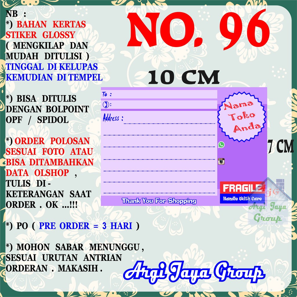 

Stiker Pengiriman - Sticker Alamat Olshop Murah Nomer 96 - 10x7 cm - Glossy