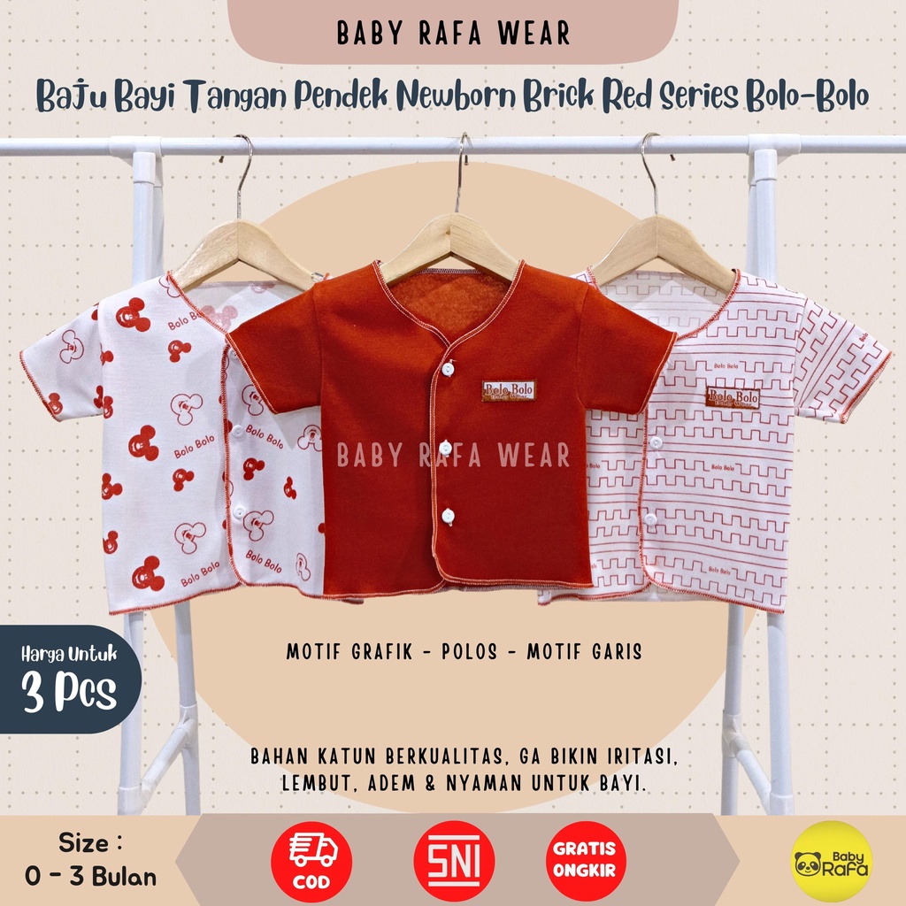 Serian Merah Bata - 3 pcs Baju Bayi Tangan Pendek Bayi Baru Lahir 0 sd 3 Bulan Brick Red Series merk SNI Bolo - Bolo