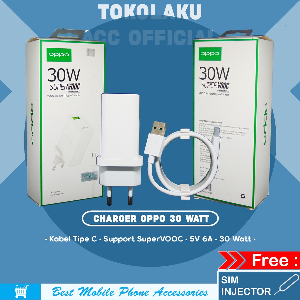 Charger Oppo Reno 3 Reno 4 F17 Pro Super VOOC 30 Watt Original Casan Oppo Tipe C 30 Watt Charger Opp