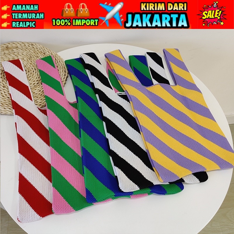 TAS WANITA 3140 - BUFFOLLOW Vacay Tote Bag Motif Garis Miring - Tas Bangkok Thailand Bufollow Bag - E1