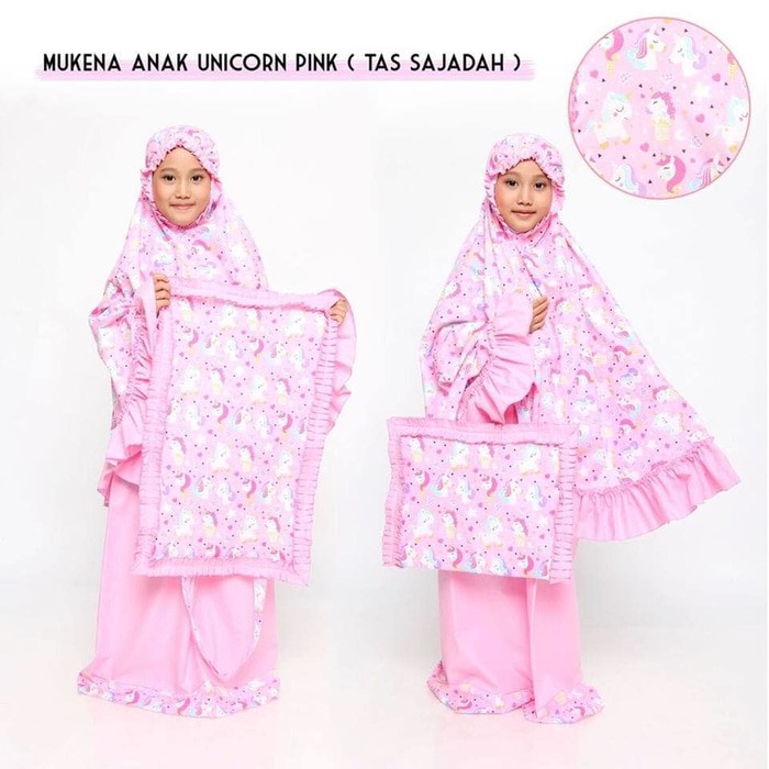 pusat mukena anak karakter unicorn pink kuda poni lucu bahan katun mukena anak set sajadah murah