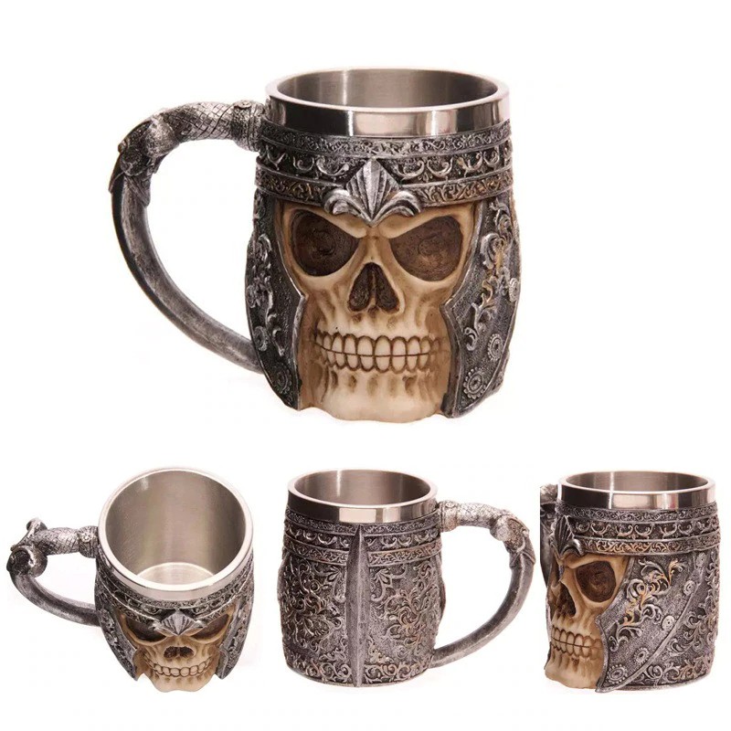Transhome 3D Resin Skull Mug 350ml Tankard Striking Skull Warrior Tankard Viking Beer Mugs Gothic