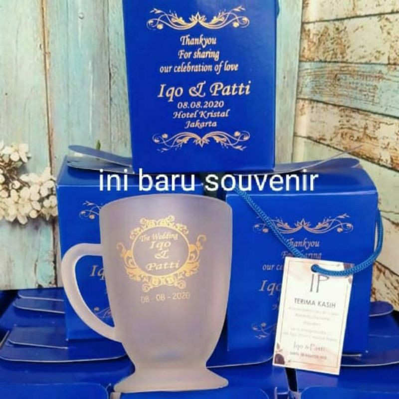 Souvenir pernikahan gelas sablon murah gelas piala doff sablon custom plus kemasan box custom