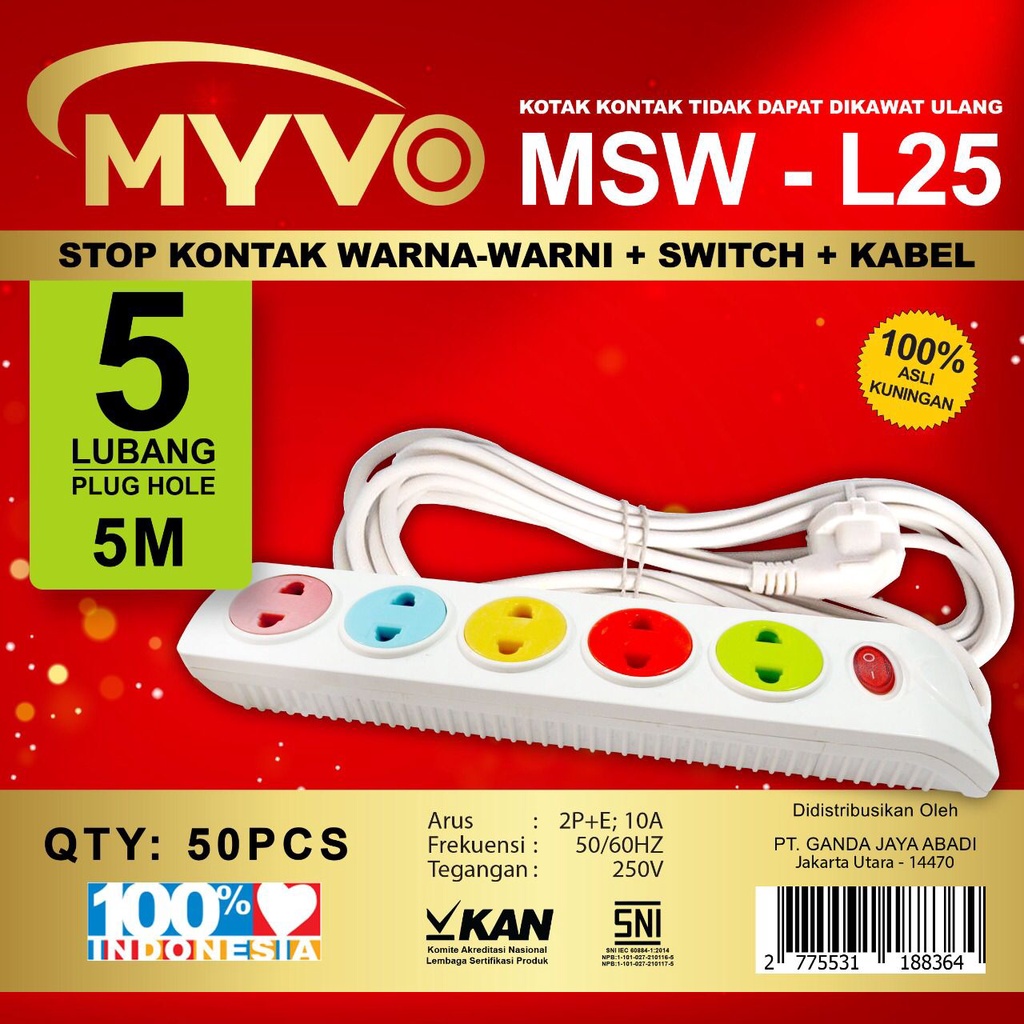 Myvo Stop Kontak Kabel 1,8 - 3 - 5 Meter 3 - 4 - 5 Lubang