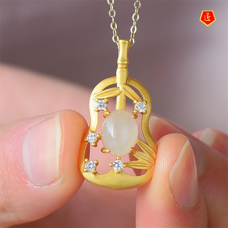 [Ready Stock]Gold Pipa Hetian White Jade Pendant Inlaid Green Chalcedony Necklace