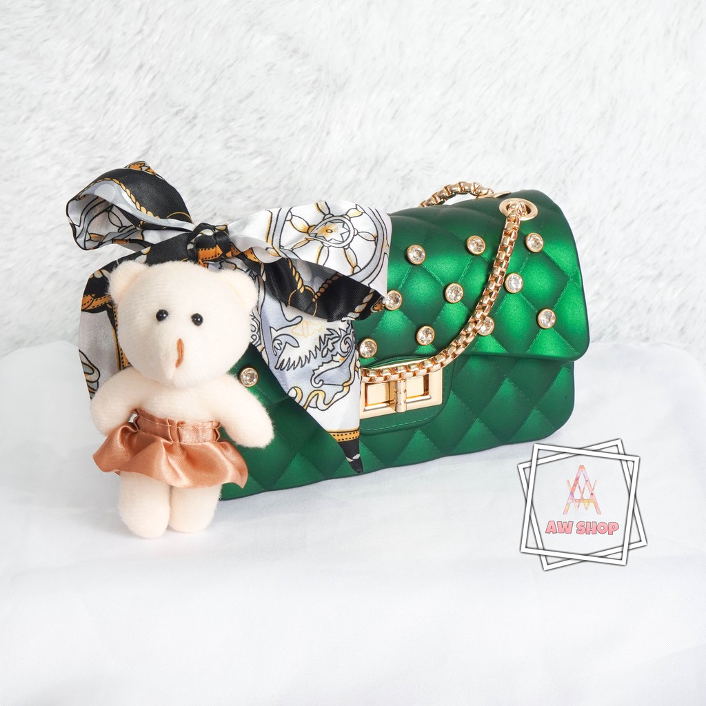 Tas Selempang Wanita Jelly Matte Kotak Diamond Size 18 Cm (Gratis Boneka Dan Syal)