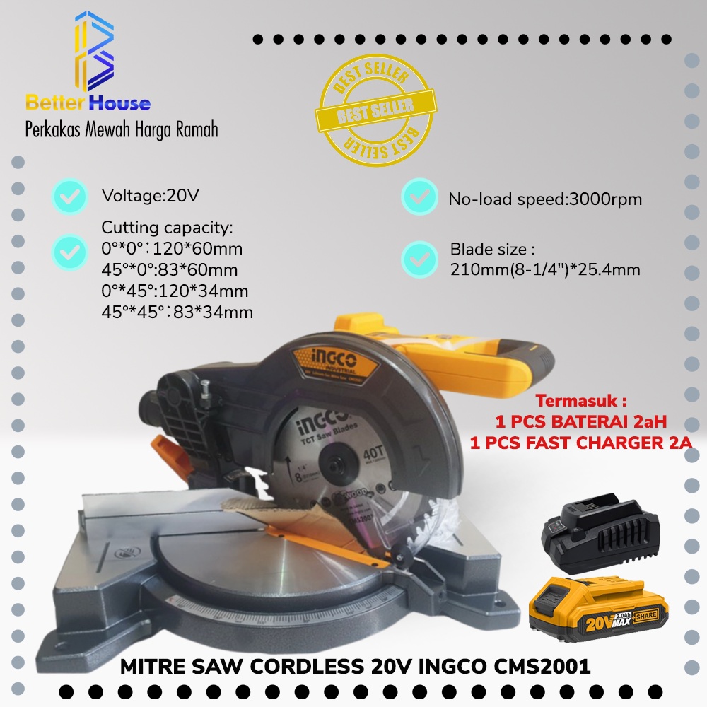 Mitre Saw Miter Saw Potong Aluminium Cordless 20V INGCO CMS2001 BC2A