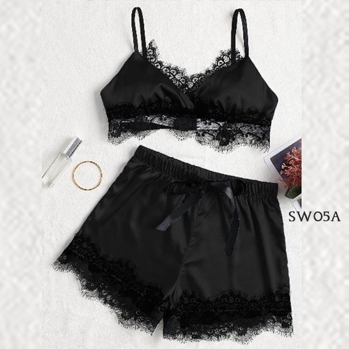 [PRTODUK TERBATAS] BAJU TIDUR SEXY LINGERIE SATIN NIGHTGOWN HITAM SW05A