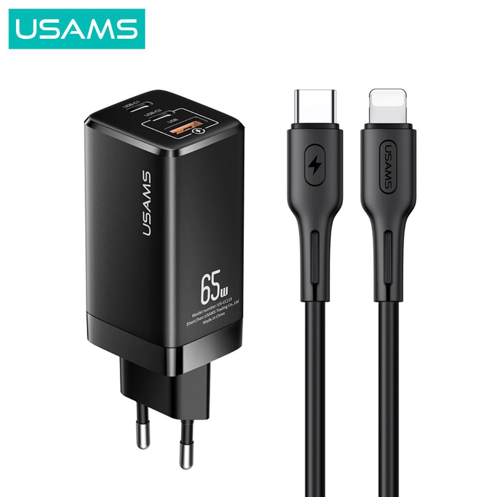 USAMS  Mac Tu Series Charger GaN 65W + Kabel Data PD Fast Charging