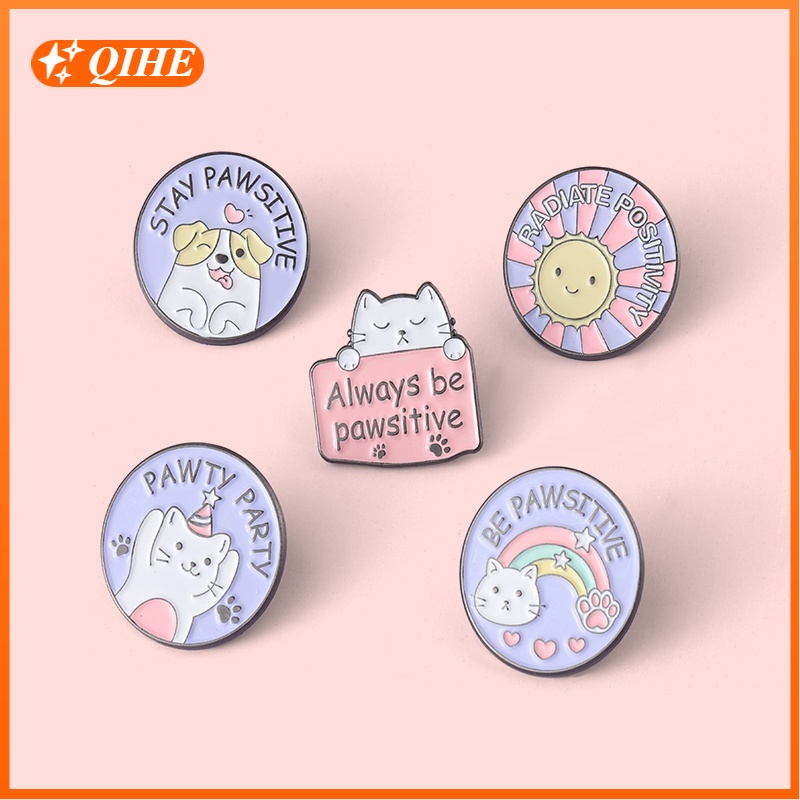 Bros Pin Enamel Bentuk Kartun Hewan Kucing Anjing Bulat Untuk Hadiah