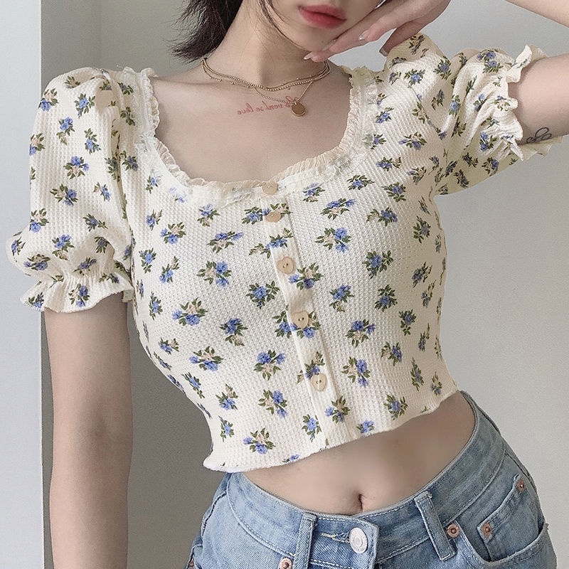 BF Angin T-shirt Wanita Musim Panas Perancis Puff Lengan Floral Top Pendek Renda Pusar Gaun Tipis da