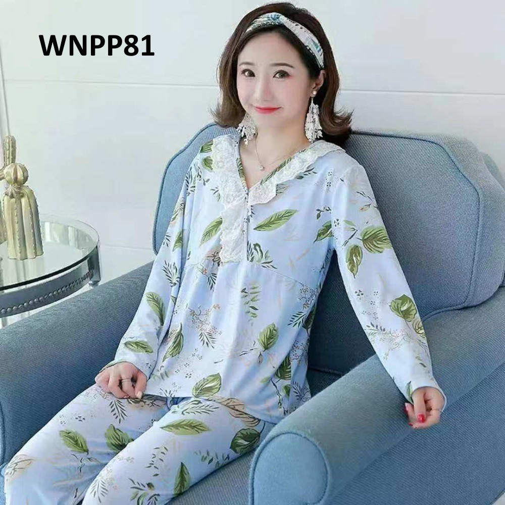 Piyama Wanita Baju Tidur Wanita Renda Green Leaves Blue