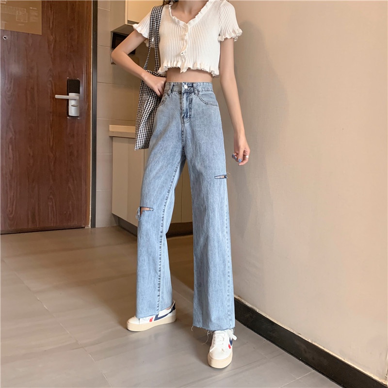 Celana Jeans Wanita Ripped Jeans Sobek Korean Highwaist Straight Jeans