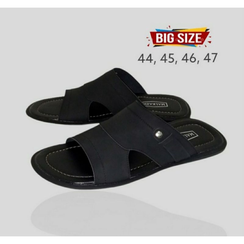 Sandal Casual Pria / Sendal Slide KULIT - Ukuran Besar Jumbo BIG SIZE 44 45 46 47, Hitam