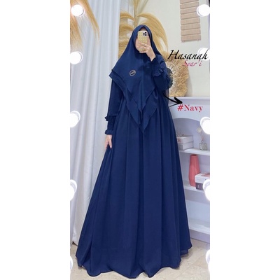 Gamis syari hasanah bahan ceruty baby doll premium full furing / busui / resleting-Navy